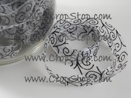 White with Black Organdy Swirls Ribbon - Click Image to Close